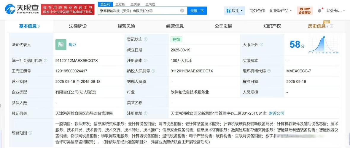 注册资本100万人民币,经营范围含软件开发,信息系统集成服务,云计算